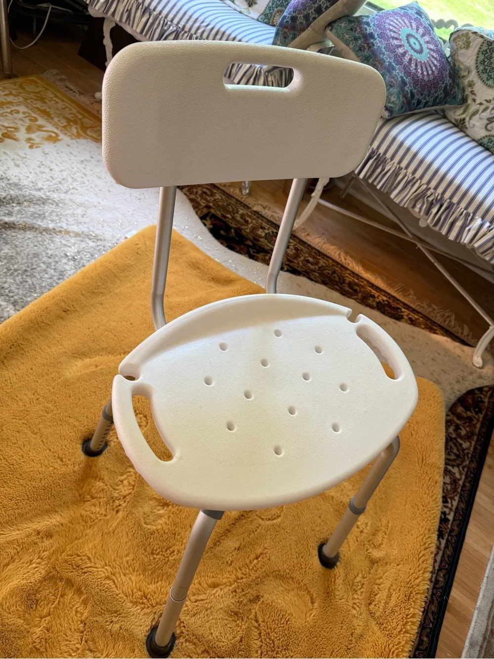 White Shower/Transfer Bench with Gray Legs adjustable for highest comes withgift